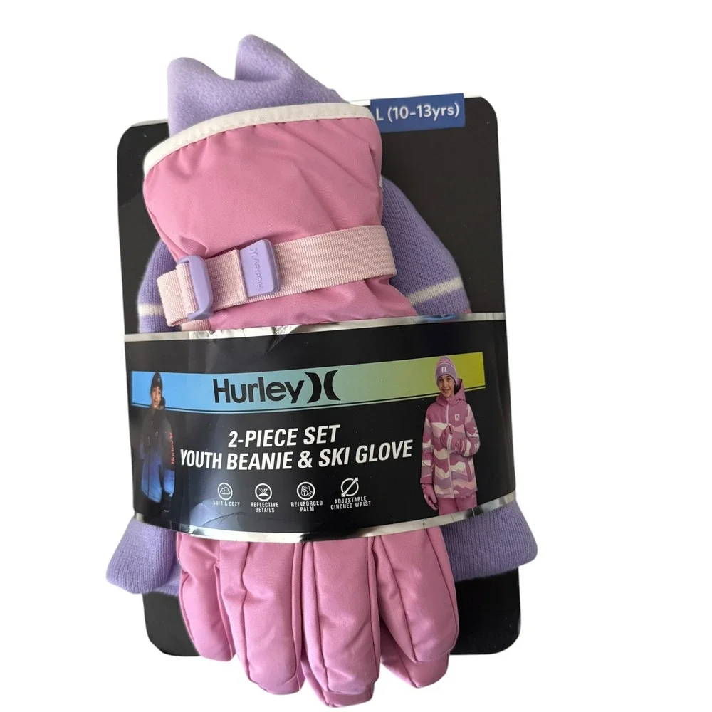 Hurley Youth Beanie & Ski Gloves 2-pc Winter Set Pink L 10-12 NWT